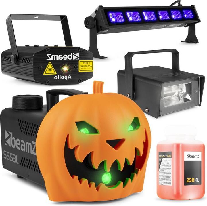BeamZ Halloween Smoke Machine PartySet komplett - mit klickbarem Kürbis - einschliesslich Rauchflüssi