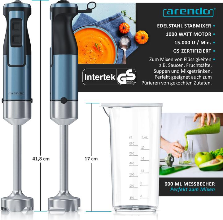 Produktbild Arendo Stabmixer 1000W & 600ml Messbecher, Edelstahl, Pürierstab, Turbotaste, Abnehmbarer Mixfuss, DC Motor