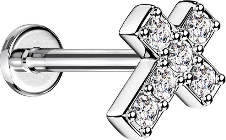 Star Piercing Micro Labret Innengewinde silber Kreuz mit Kristall silber (Chirurgenstahl 316L, ohne Messing)
