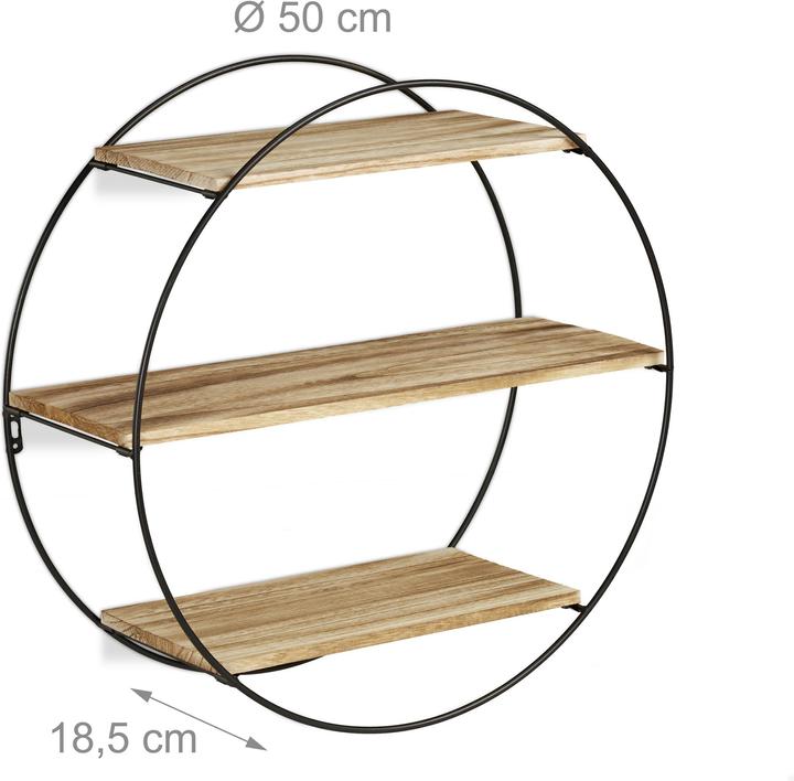 Image du produit Relaxdays Étagère murale ronde, bois et métal (50 x 18,5 x 50 cm)