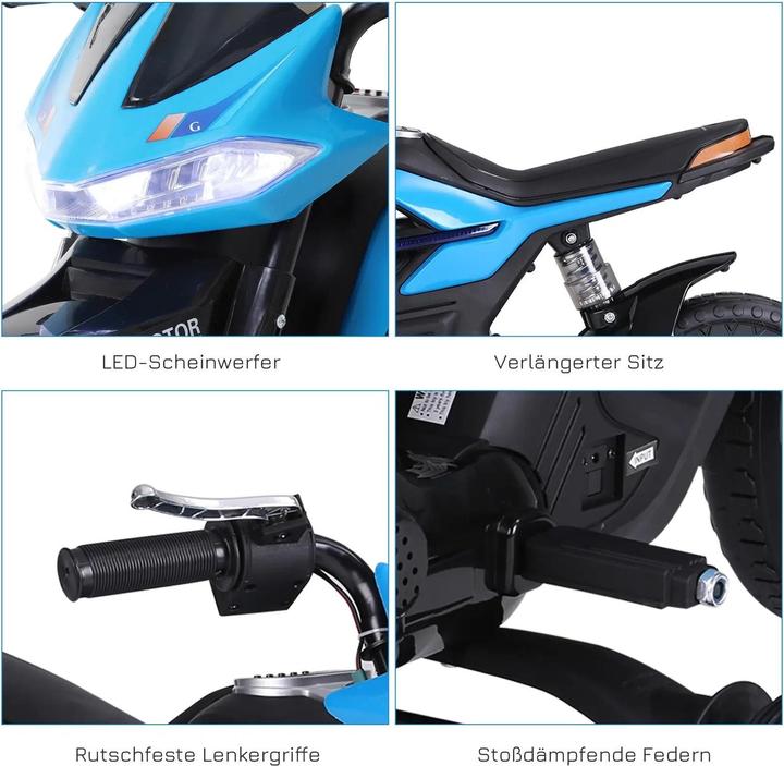 Produktbild Homcom Kinder-Elektromotorrad 3-6 Jahren mit Stützrädern maximal 3 km/h Metall + Kunststoff Blau 105x52,3x6