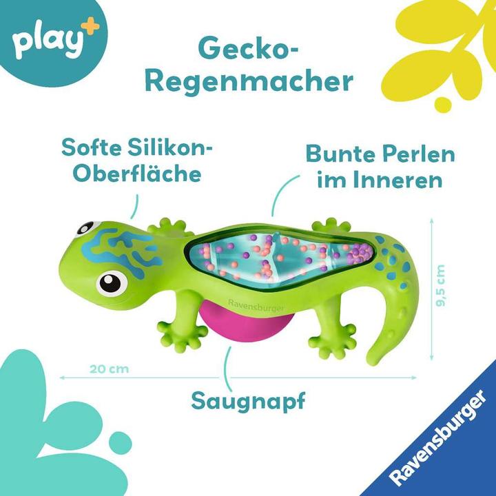 Produktbild Ravensburger 4870 play+ Regenmacher: Gecko, Musikinstrument, Mini-Rassel, Saugnapf-Spielzeug
