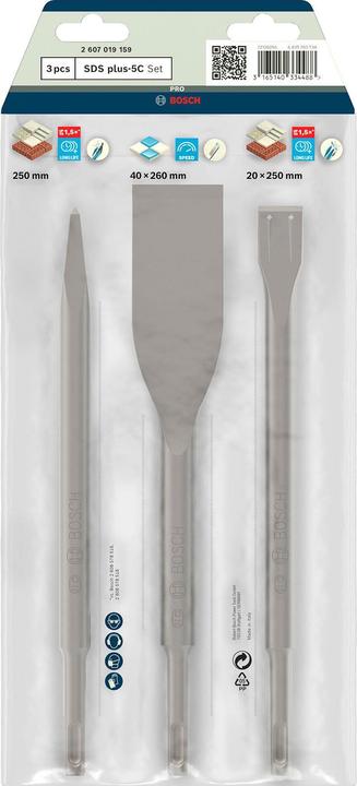 Immagine prodotto Bosch Professional Zubehör Set di scalpelli da 3 pezzi, SDS plus, 0/20/40 mm (250 mm)