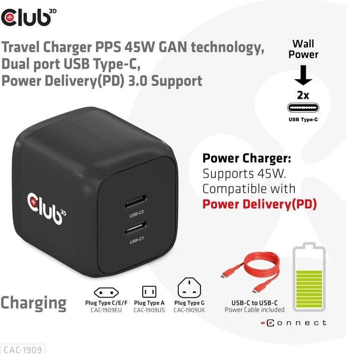 Image du produit Club 3D Chargeur PPS 45W GAN, Power Delivery (PD) 3.0 (45 W)