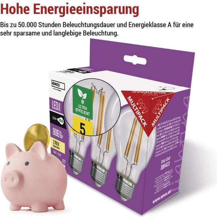 Immagine prodotto Emos Lampada LED a filamento A60 / E27 / 3,8 W (60 W) / 806 lm / Bianco caldo (E27, 3.80 W, 806 lm, 3 x, A)