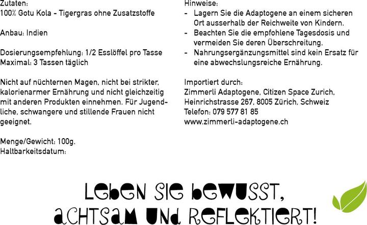 Nährwerte und Zutaten Zimmerli Adaptogene Gotu Kola Tee (100 g)