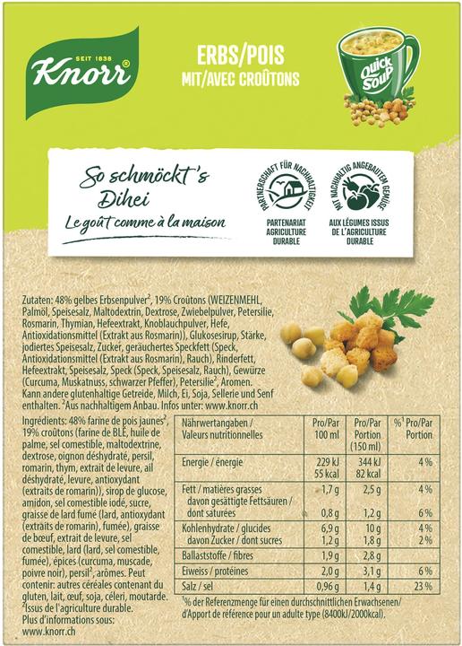 Nährwerte und Zutaten Knorr Quick Soup Erbs mit Croûtons, mild-sämige Gemüse Suppe mit Erbsen & Brotstückchen Croutons