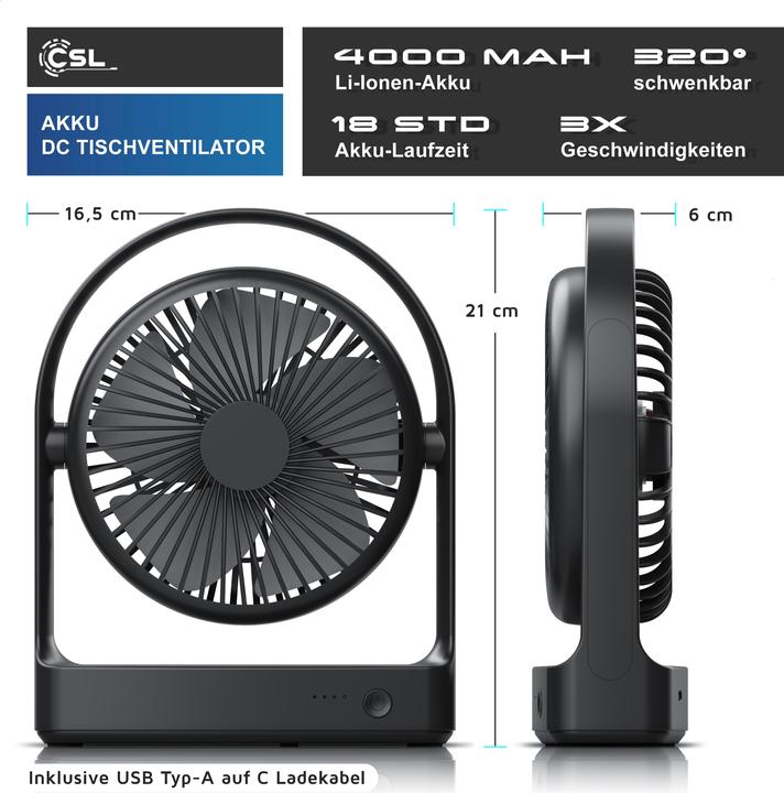 Produktbild CSL Akku Tischventilator, sehr leise, USB Mini Desk Fan, Schreibtischventilator, mobiler Lüfter DC Motor (46.40 dB)