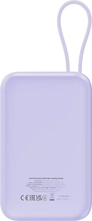 Actual product image Canyon power bank OnPower 101 built-in cable 10000 mAh PD22.5W Purple (10000 mAh, 22.50 Wh)