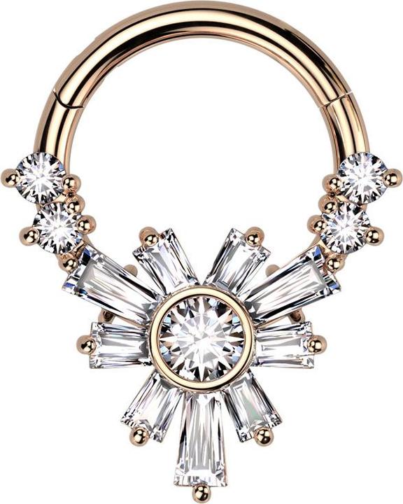 Star Piercing Micro Segmentring klappbar rosegold vier runde und Baquette Blume Kristalle silber (Messing, Chirurgenstahl 316L)