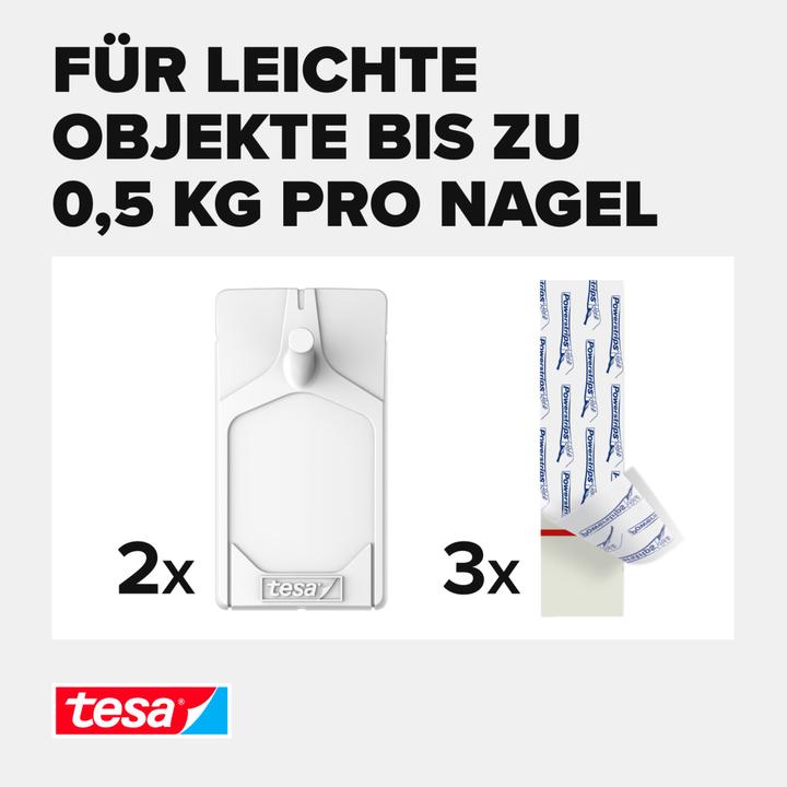 Produktbild tesa Klebenagel für Tapete & Putz, 0,5kg Halteleistung, spurlos ablösbar & wiederverwendbar, 2 Nägel
