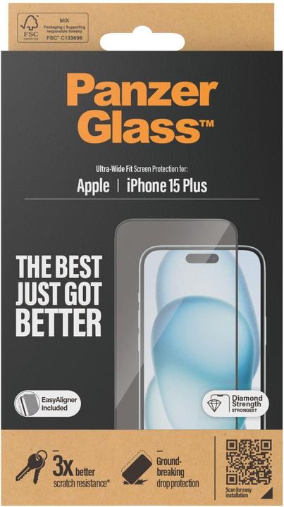 Produktbild PanzerGlass Screen Protector Ultra-Wide Fit w. EasyAligner (1 Stück, Apple iPhone 15 Plus)