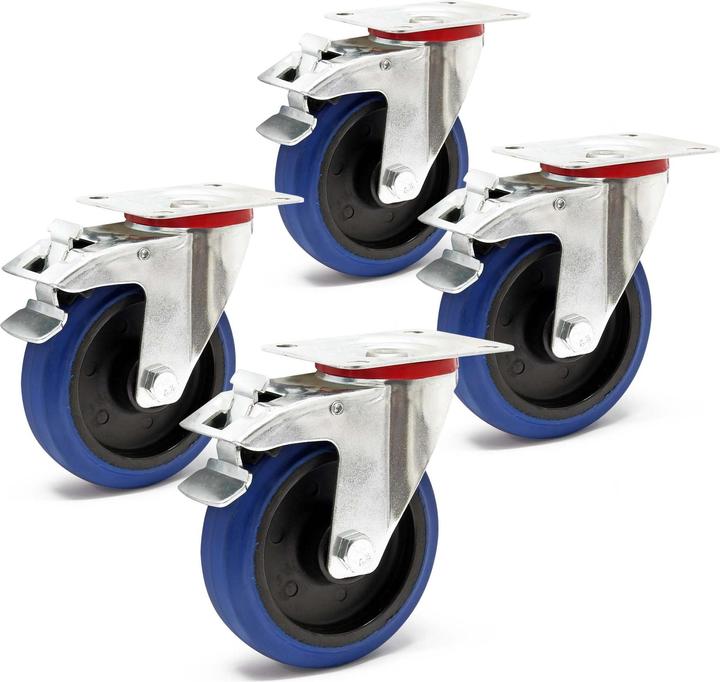 Wiltec Set di 4 rotelle 4x Rulli da trasporto 125 mm con ruota in plastica, freno, piastra di montaggio