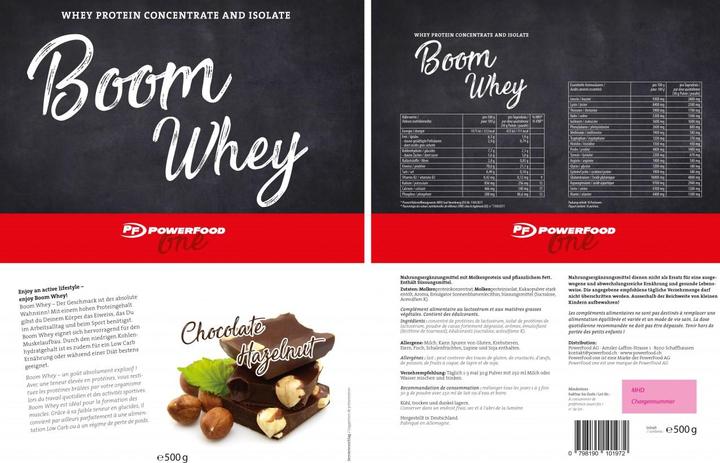 Valori nutrizionali e ingredienti PowerFood One Boom Whey (Cioccolato e nocciole, 1 pz., 500 g)