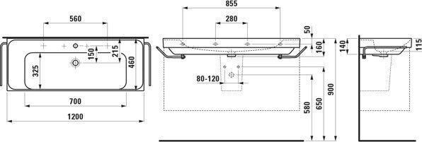 Produktbild Laufen Meda Waschtisch, unterbaufähig, 1200x460mm, Ablage beidseitig, 2 Hahnlöcher, ohne Überlauf (1270 mm, 240 mm)
