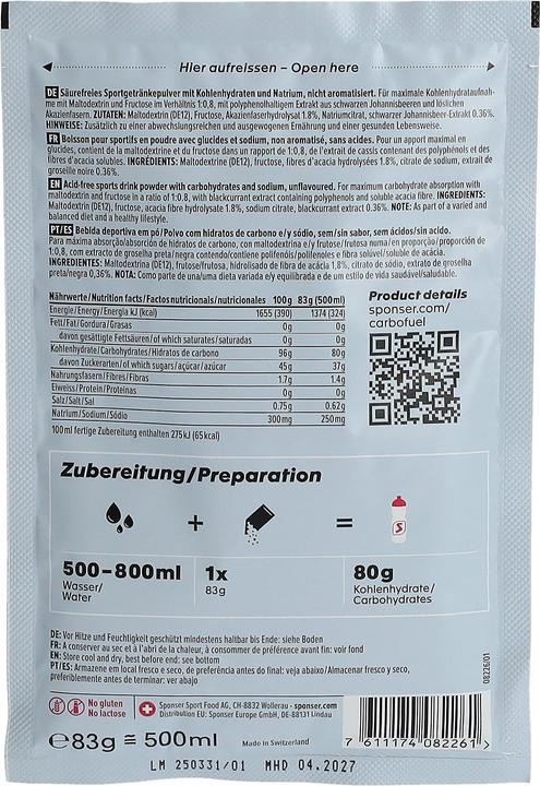 Nährwerte und Zutaten Sponser Carbo Fuel (Johannisbeere, 10 Stk., 1050 g)