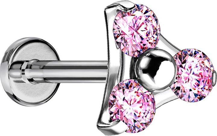 Star Piercing Micro Threadless Labret silber Dreieck drei Kristalle pink (Titan G23, ohne Messing)
