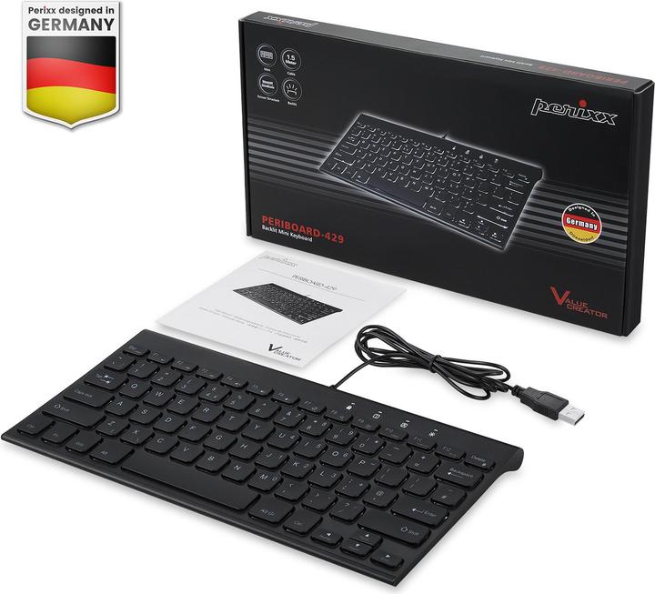 Actual product image Perixx PERIBOARD-429 EN, wired, USB mini keyboard with backlight, black (DE, Cable)