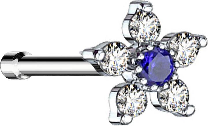 Star Piercing Nasenstecker gerade silber Blume mit Kristall blau und silber (Chirurgenstahl 316L, Messing)