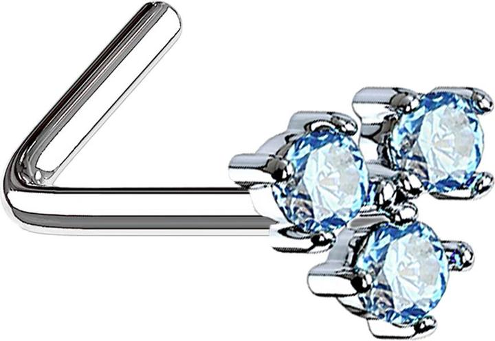 Star Piercing Nasenstecker gewinkelt silber mit drei Kristallen aqua (Chirurgenstahl 316L, Messing)