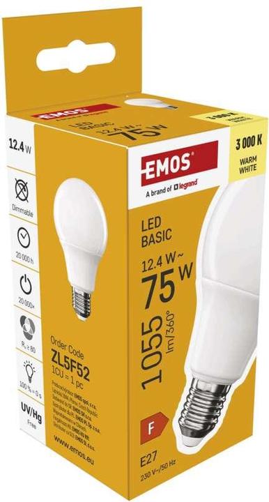 Image du produit Emos Lampe LED Basic A60 / E27 / 12,4 W (75 W) / 1055 lm / Blanc chaud (E27, 12.40 W, 1055 lm, 1 x, F)