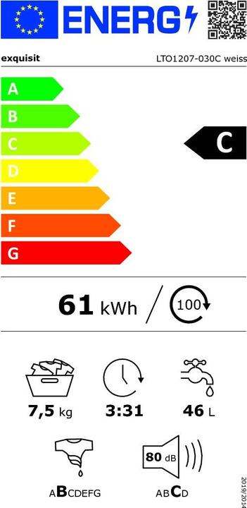 Energie-Label Exquisit Waschmaschine LTO1207-030C Toplader7Kilo (7 kg)