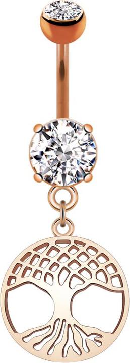 Star Piercing Banane rosegold mit zwei Kugeln Kristall silber Anhänger rund Lebensbaum (Messing, Chirurgenstahl 316L)