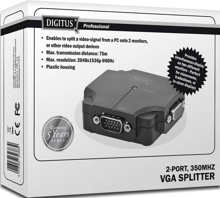 Actual product image Digitus VGA Splitter 2-Port 350MHz int.power amplifier up to 75m max resolution 2048x1536 at 60Hz