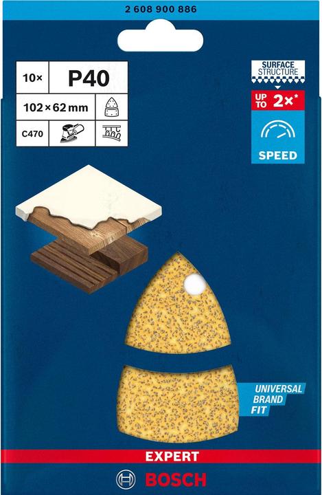 Produktbild Bosch Professional Zubehör EXPERT C470 Schleifpapier mit 11 Löchern für Multischleifer, 102 x 62 mm, 93 mm, G 40, 10-tlg. (40)