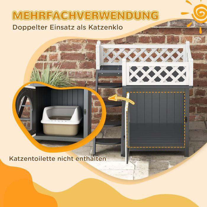 Produktbild Swisshandel24 Katzenhöhle, Katzenhütte aus Tannenholz, Katzenhaus mit Balkon, Treppe Grau (Katze)
