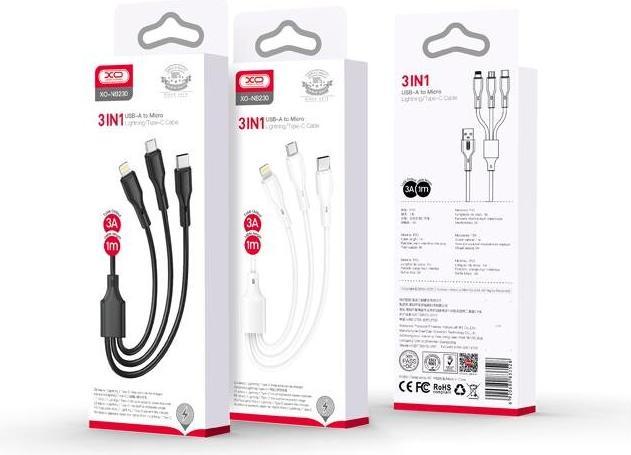Produktbild xO Kabel NB230 3w1 USB - Lightning + USB-C + microUSB 1,0m 2,4A weiss (1 m, USB 3.2 Gen 2, 3 W)