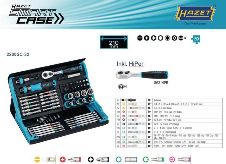 Produktbild HAZET SmartCase Bit Satz 2200SC-32 ∙ Sechskant6,3 (1/4 Zoll), Vierkant6,3 mm (1/4 Zoll) ∙ Schlitz P… (Sechskant (hexagonal) M3, Sechskant (hexagonal) M5, Kreuz Phillips PH M2, Innensechsrund TX M20, Innensechsrund TX M25, Sechskant (hexagonal) M4, Kreuz Phillips PH M1, Innensechsrund TX M15, Innensechsrund TX M30, Kreuz Phillips PH M3, Kreuz Pozidriv PZ M2, Innensechsrund TX M10)