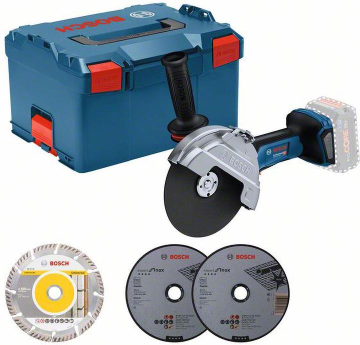 2 x cutting disc, Expert for Inox Rapido, 180 x 22.23 mm (2 608 603 406), Vibration control additional handle with extension (1 607 000E8B), Protective cover (1 600 A02 84A), Clamping nut (1 603 345 043), Clip-on metal safety guard (1 619 P16 650), L-BOXX 238, 1 x diamond disc, Standard for Universal, 180 x 22.23 mm (2 608 615 063), Clamping flange (2 605 703 014), Two-hole nut driver (F 000 632 033)