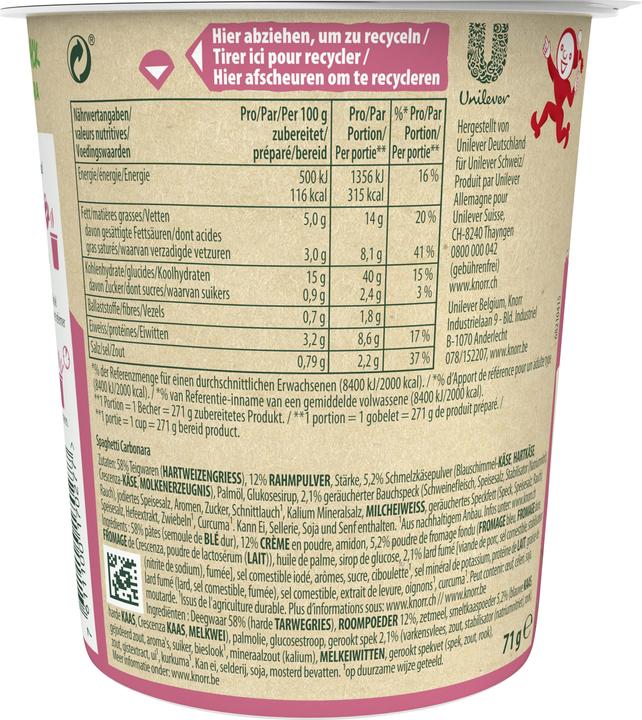 Valeurs nutritives et ingrédients Knorr Pasta snack Carbonara gobelet, pâtes avec sauce crémeuse & bacon, prêt en 5 minutes (88 g)