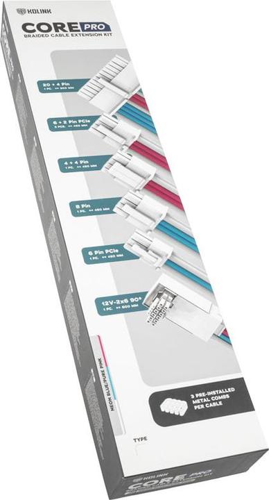 Produktbild Kolink Core Pro Braided Cable Extension Kit 12V-2x6 Typ 2 - Brilliant White/Neon Blue/Pure Pink (0.60 m)