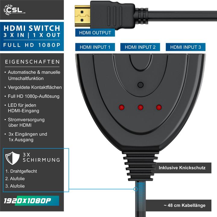 Image du produit CSL Commutateur HDMI 3 ports Full HD 1080p, commutation automatique / 3D / HDCP / CEC