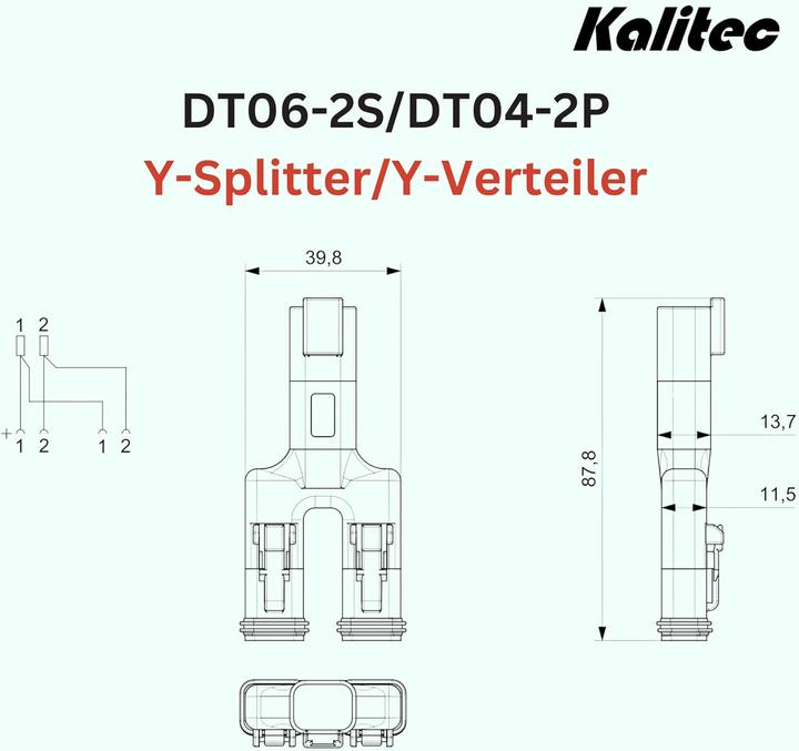 Immagine prodotto Kalitec Y-Verteiler DT06-2S/DT04-2P 2 polig I Y-Splitter I graues Gehäuse I Y Adapter 2-Wege I IP69K