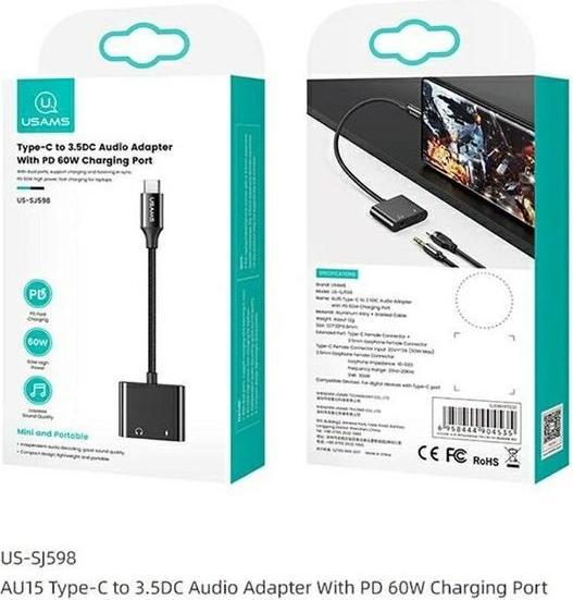 Actual product image Usams AU15 Adapter USB-C - jack 3.5m DAC + USB-C PD60W czarny/black SJ598YPTC01 (US-SJ598) (USB Type C, 3.5mm jack, USB Type C)
