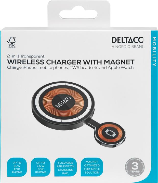 Actual product image Deltaco 2-in-1 wireless charger 15W transparent (7 W)