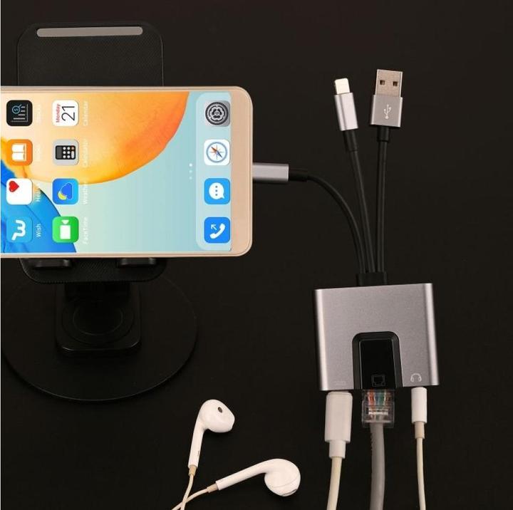 Image du produit PowerGuard 3-in-1 USB-C/USB-A Lightning Multiport Adapter to RJ45 Ethernet 3.5mm Audio (USB-A, Lightning, USB Type C, Jack 3.5mm)