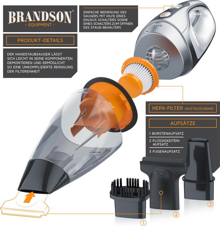 Image du produit Brandson Aspirateur à main à batterie 85 W, sans sac, Aspirateur à main à batterie avec filtre HEPA sans sac