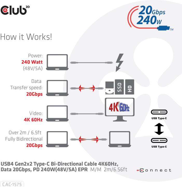 Produktbild Club 3D USB C – USB C (2 m, USB 4.0, 240 W)