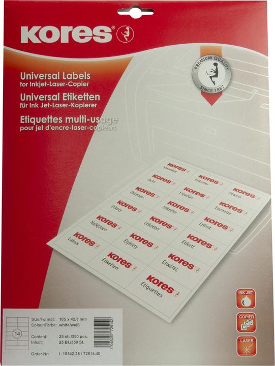 Produktbild Kores Universal-Etiketten, 105 x 42,3 mm, weiá, 25 Blatt