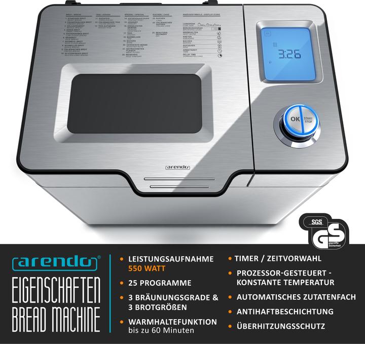 Productafbeelding Arendo Broodbakmachine, 25 programma's, 550 W, broodbakmachine, automatisch ingrediëntencompartiment