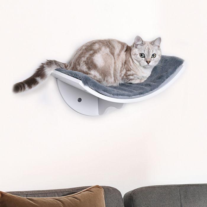 Produktbild Swisshandel24 Katzenbett Katzenregal Katzenliege Wandliege Wandmontage Plüschauflage MDF Weiss+Grau 41 x 28 x 21 c (Katze)