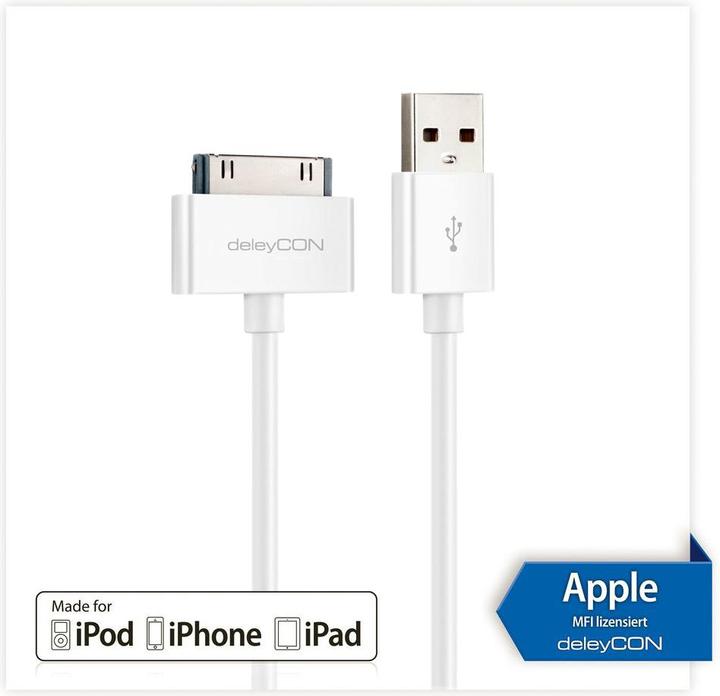 Produktbild deleyCON 30Pin Dock-USB Kabel 2m, weiss (2 m, USB 2.0)