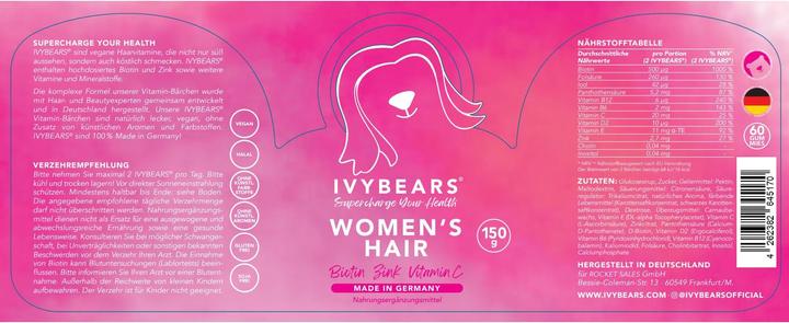 Valeurs nutritives et ingrédients IVYBears Vitamines capillaires pour les femmes (1 pièce(s), Gummies, 150 g)