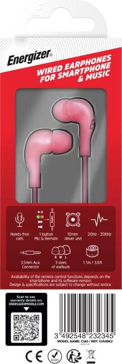 Actual product image Energizer Wired headphones - CIA5 - jack / aux 3.5 mm, rose (Cable)