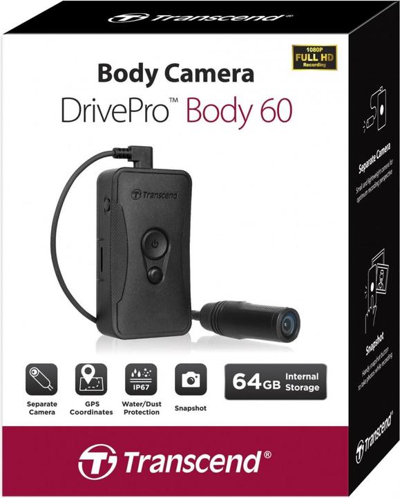 Image du produit Transcend DrivePro Body 60 (Écran intégré, Bluetooth, WiFi, Vision nocturne, Récepteur GPS, Full HD)