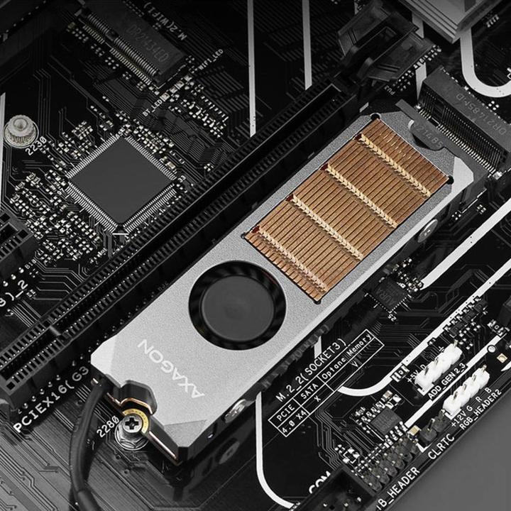 Produktbild Axagon CLR-M2FAN computer cooling system Solid-state drive Heatsink/Radiatior Grey 1 pc(s)